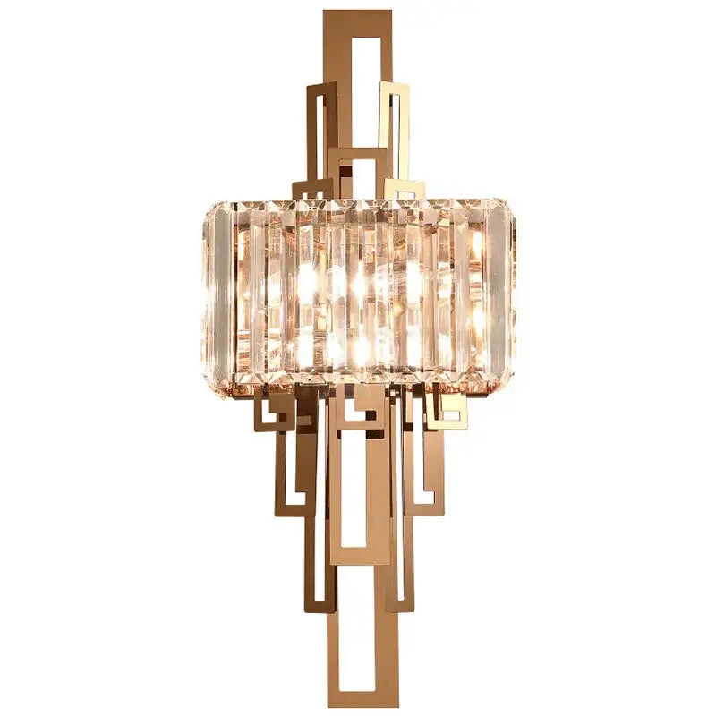 Modern geometric gold wall lamp featuring a central cylindrical crystal cluster decorbites crystal wall sconce