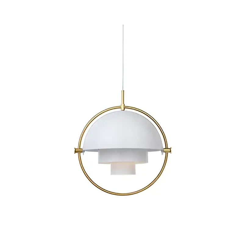 White ceramic pendant lamp with gold-toned decorbites iron deformable circular frame and hanging cord for living room