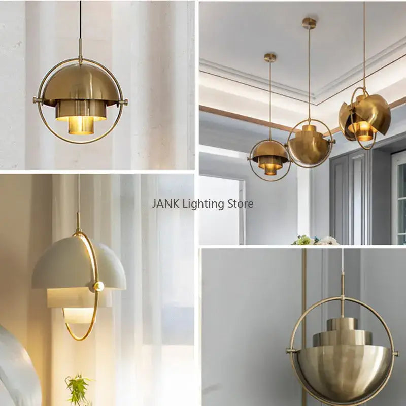 Modern geometric gold iron deformable pendant lamp with a circular frame and layered dome design for living room decorbites iron deformable pendant