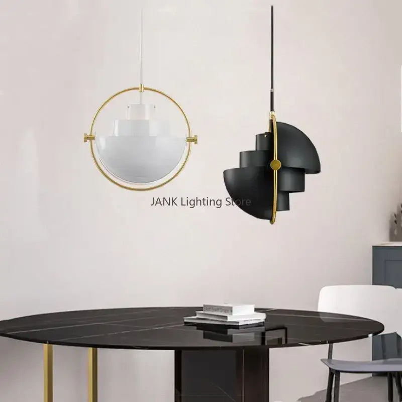 Two modern pendant lamps feature gold iron deformable frames with frosted glass and black gold layered decorbites iron deformable design