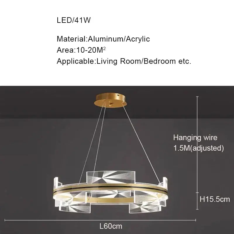 Modern geometric gold led pendant lights with a circular aluminum frame and clear acrylic panels for dining room decorbites gold led decor