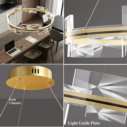 Modern geometric gold led pendant lights featuring a gold-toned circular chandelier with acrylic panels and brass chassis decorbites gold led