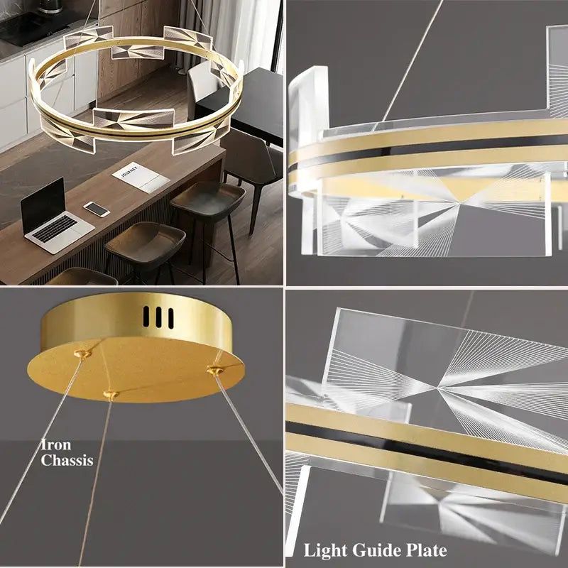 Modern geometric gold led pendant lights featuring a gold-toned circular chandelier with acrylic panels and brass chassis decorbites gold led