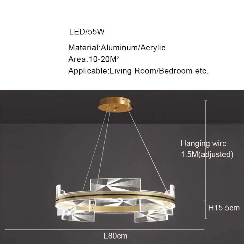 Modern geometric gold led pendant lights featuring a circular gold-toned aluminum frame with clear acrylic panels for dining room decorbites gold led chandelier