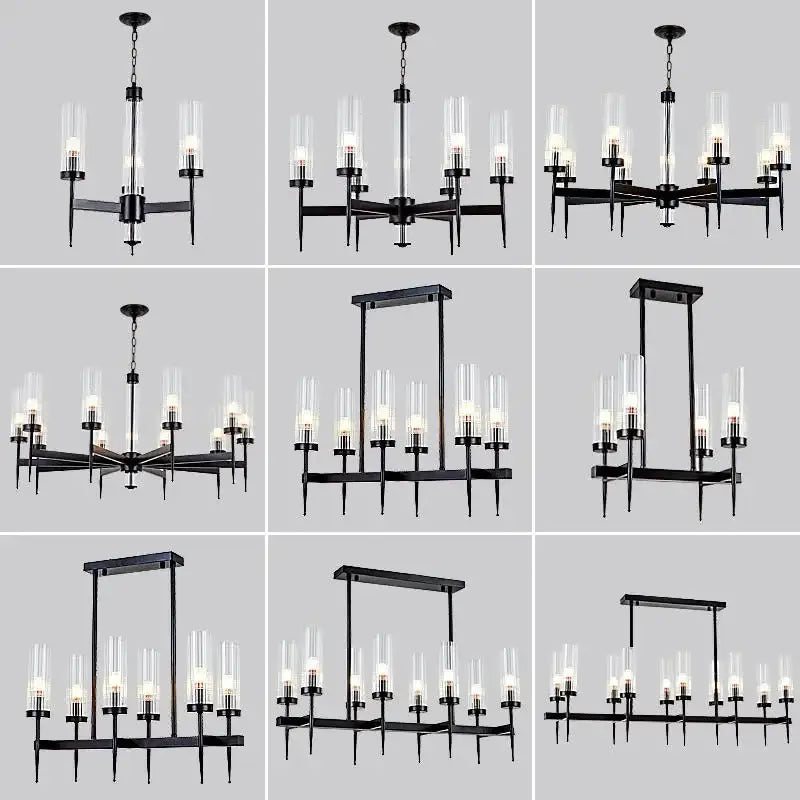 Black metal chandeliers with clear glass candle-style shades for modern geometric gold metal glass pendant light decorbites
