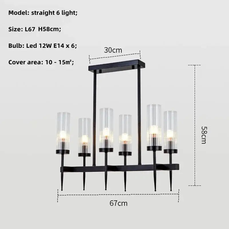 Black metal chandelier pendant light with six clear glass cylindrical shades for modern gold metal glass decorbites lighting