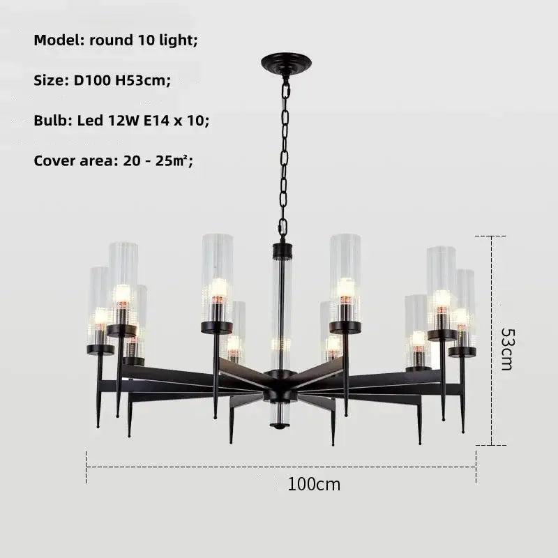 Black metal pendant light with ten clear glass shades and led bulbs featuring decorbites gold metal glass design
