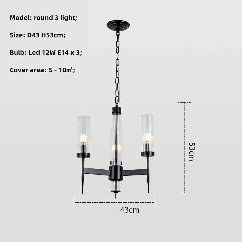 Black metal chandelier pendant light with three clear glass cylinders and led bulbs in modern gold metal glass decorbites design