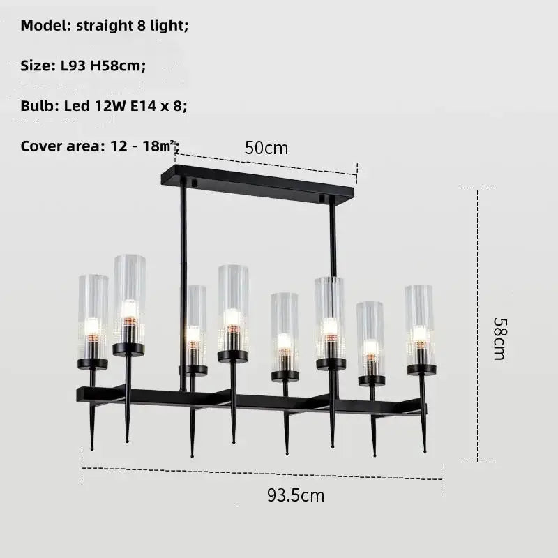 Black metal chandelier with eight clear glass cylindrical shades featuring decorbites gold metal glass pendant light design