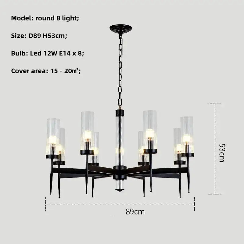 Black metal chandelier pendant light with eight clear glass cylinders led bulbs decorbites gold metal glass design