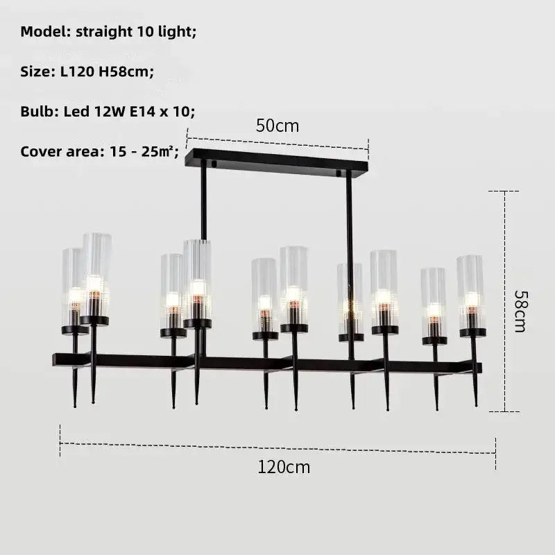 Modern geometric gold metal glass pendant light featuring black metal chandelier with ten clear glass cylindrical shades