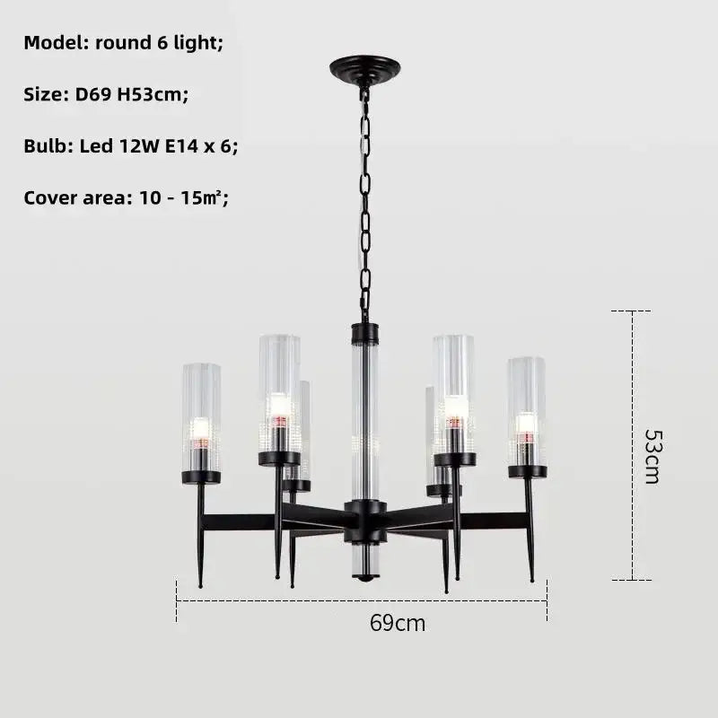 Black metal chandelier pendant light with six clear glass cylindrical shades and chain suspension for decorbites gold metal glass decor