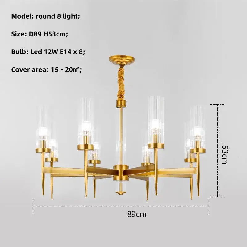 Modern geometric gold metal glass pendant light with eight clear glass cylinders and led bulbs for dining room decorbites gold metal