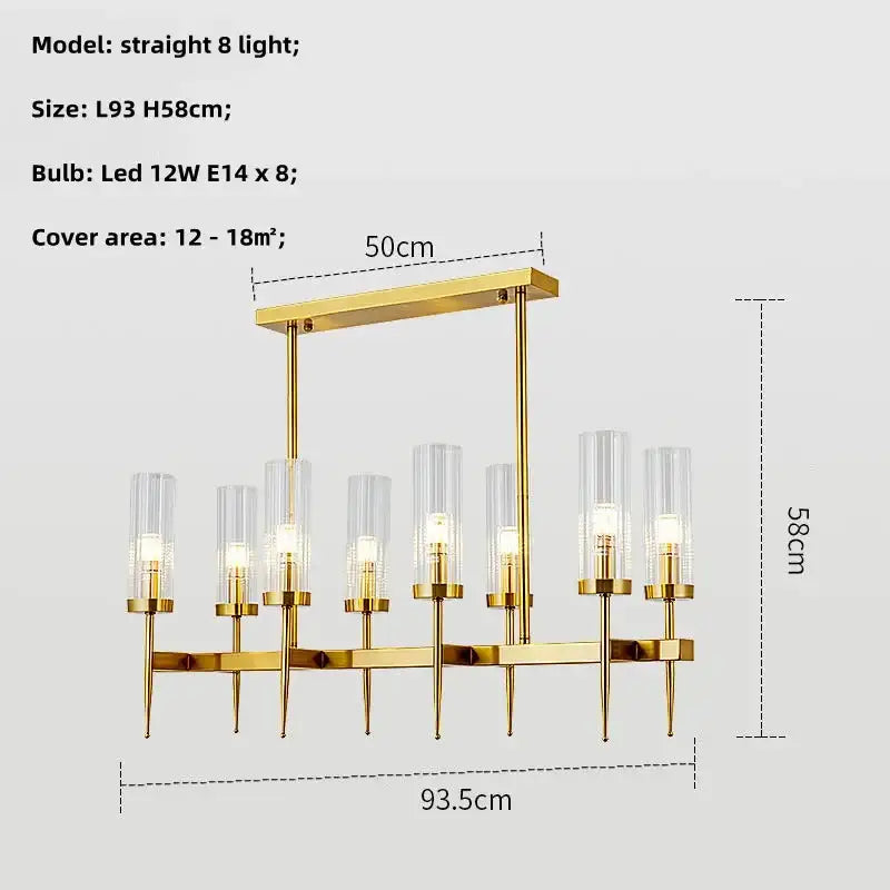 Modern geometric gold metal glass pendant light with gold-finished straight design and eight clear glass shades for dining room decorbites gold metal