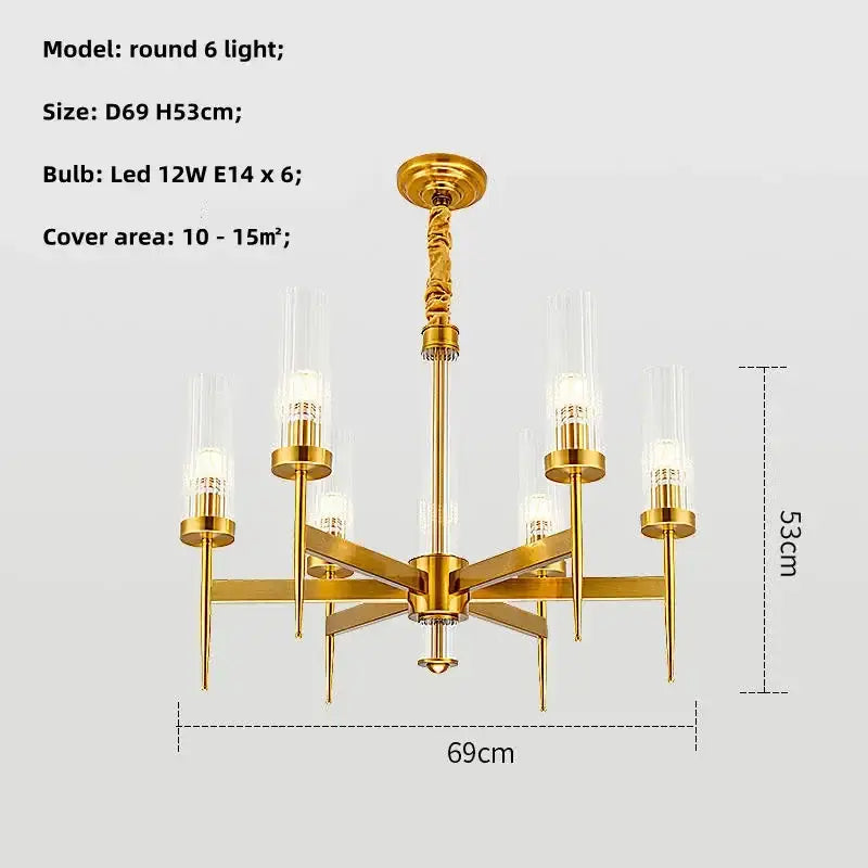 Modern geometric pendant light with gold metal glass finish and six clear glass shades for dining room decorbites gold metal