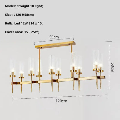 Modern geometric gold metal glass pendant light with ten clear glass candle shades for elegant dining room decorbites gold metal
