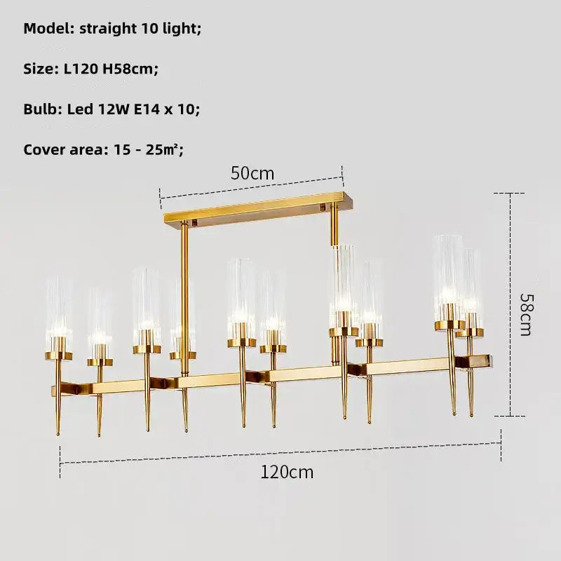 Modern geometric gold metal glass pendant light with ten clear glass candle shades for elegant dining room decorbites gold metal