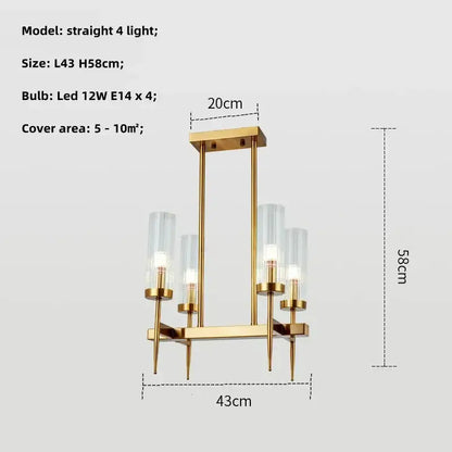Modern geometric gold metal glass pendant light with four clear cylindrical shades for dining room decorbites gold metal