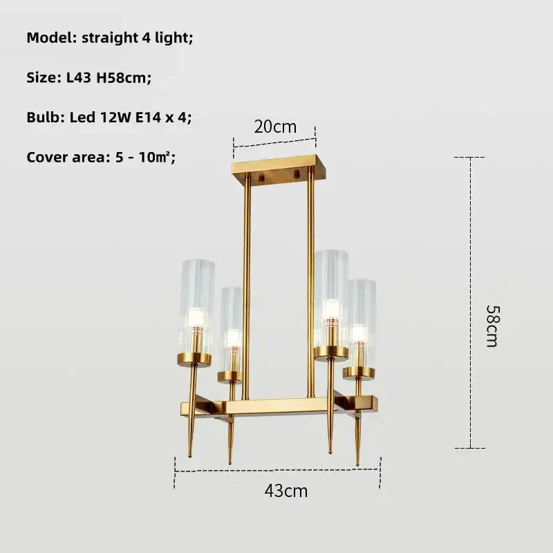 Modern geometric gold metal glass pendant light with four clear cylindrical shades for dining room decorbites gold metal