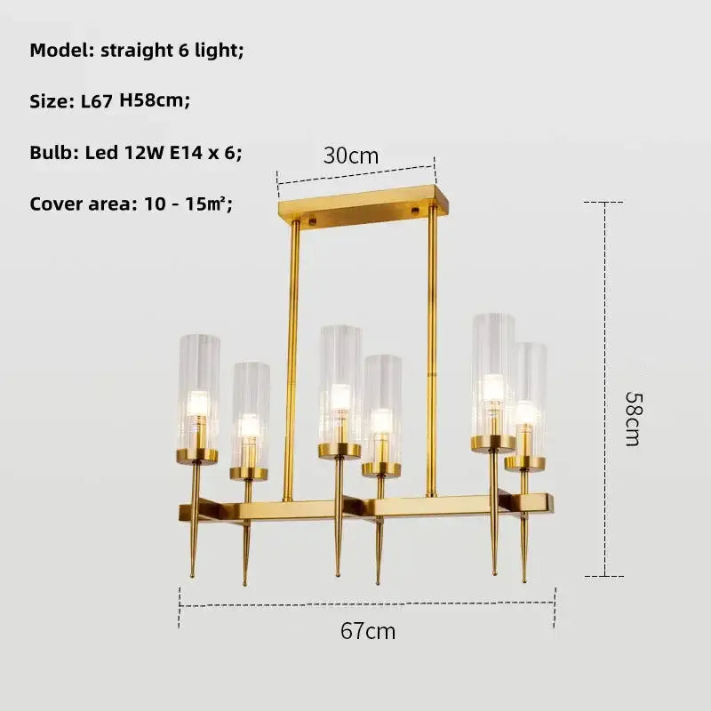 Modern geometric gold metal glass pendant light with six clear cylindrical shades for dining room decorbites gold metal