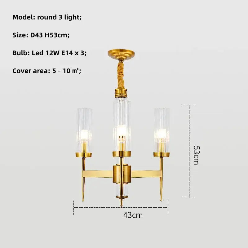 Modern geometric pendant light with decorbites gold metal finish and three clear glass cylindrical shades for dining room