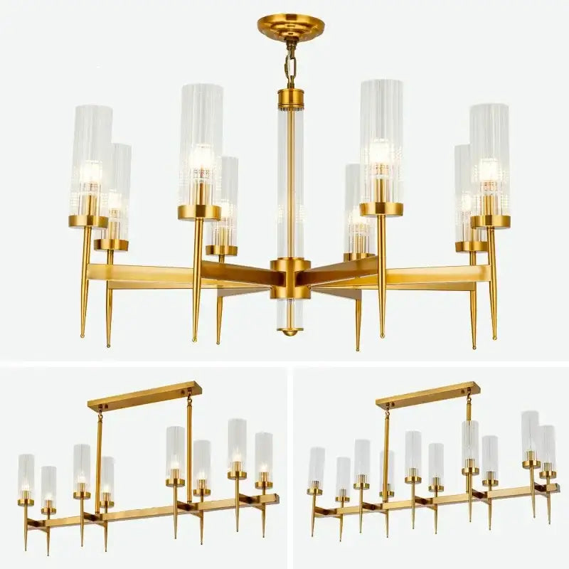 Modern geometric gold metal glass pendant light with clear cylindrical shades for dining room decorbites gold metal design