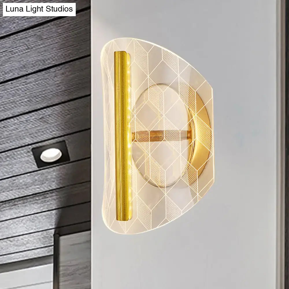 Modern geometric gold sconce light with translucent glass shade featuring grid pattern and integrated led strip for living room
