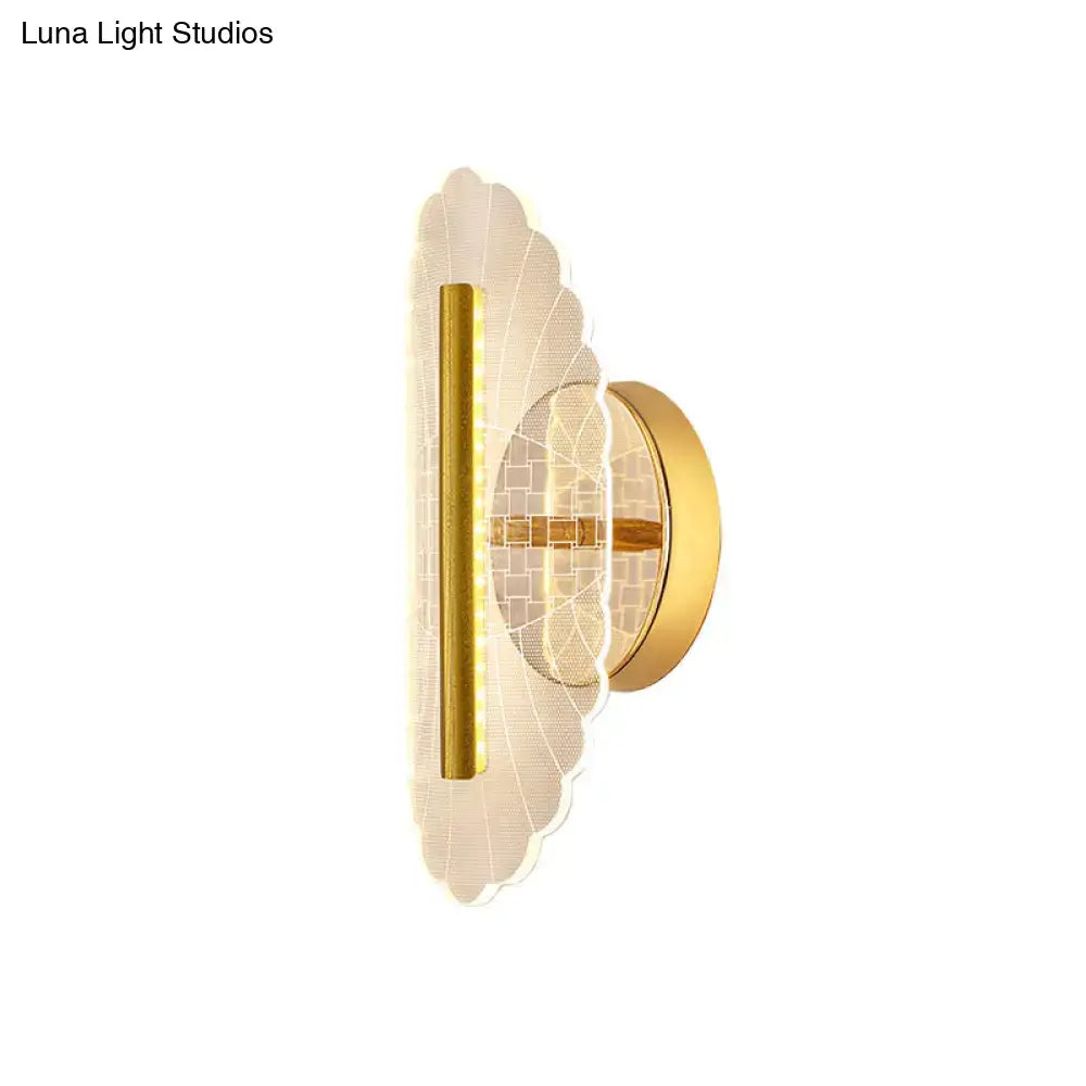 Modern geometric gold sconce light with scalloped translucent acrylic shade and vertical led strip for living room