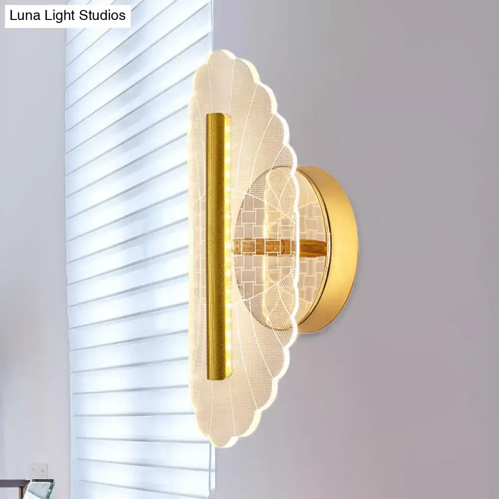Modern geometric gold sconce light with scalloped acrylic shade and illuminated vertical led strip for living room grid pattern