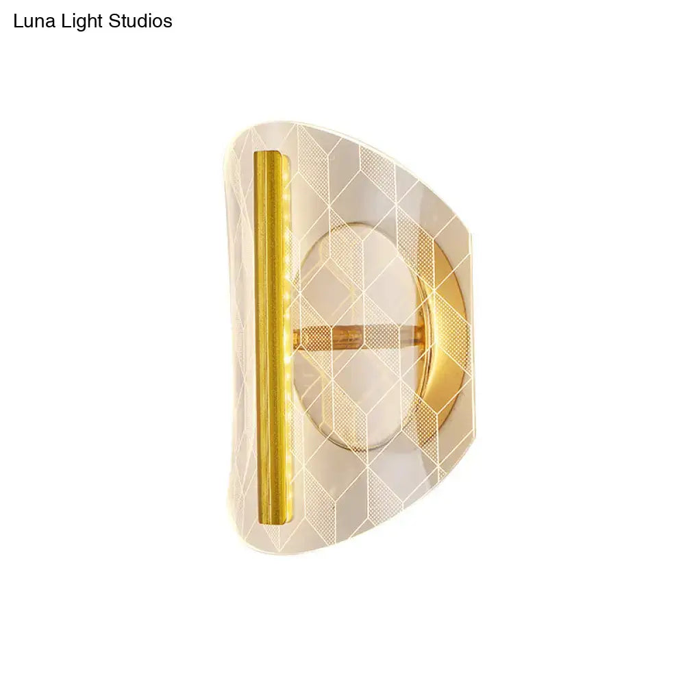 Modern geometric gold sconce light with translucent white acrylic etched diamond pattern for living room grid design