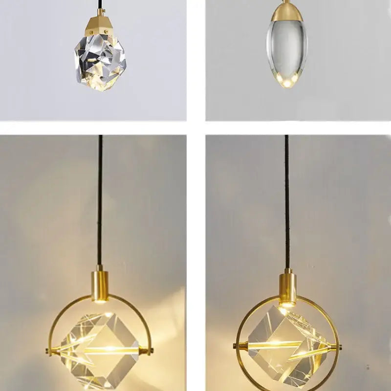 Modern geometric gold crystal led pendant lights with faceted glass shades and minimalist metal frames for dining room decorbites crystal led