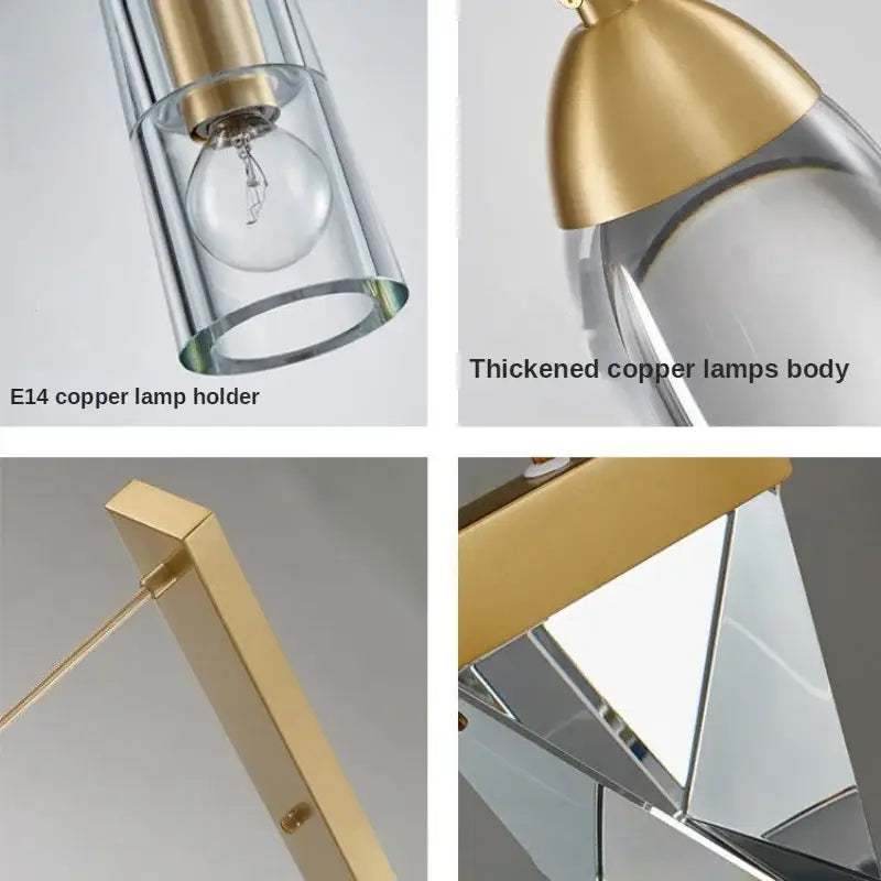 Modern geometric crystal led pendant lights with brass-finished copper and clear glass shades for dining room decorbites crystal led