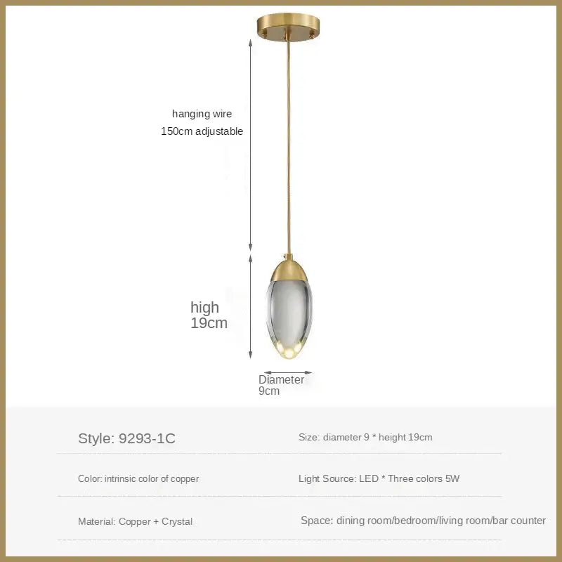 A sleek modern pendant light with gold-toned copper frame and clear crystal glass shade for decorbites crystal led pendant lighting