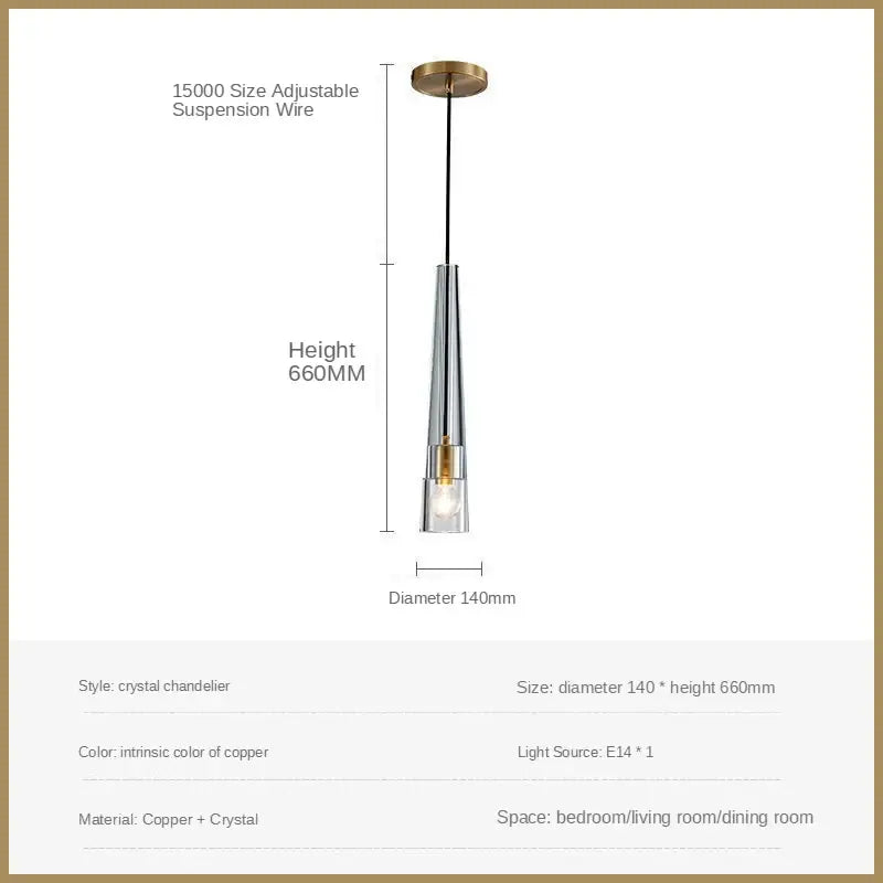 A sleek modern crystal led pendant light with polished copper finish and clear glass elements for dining room decorbites