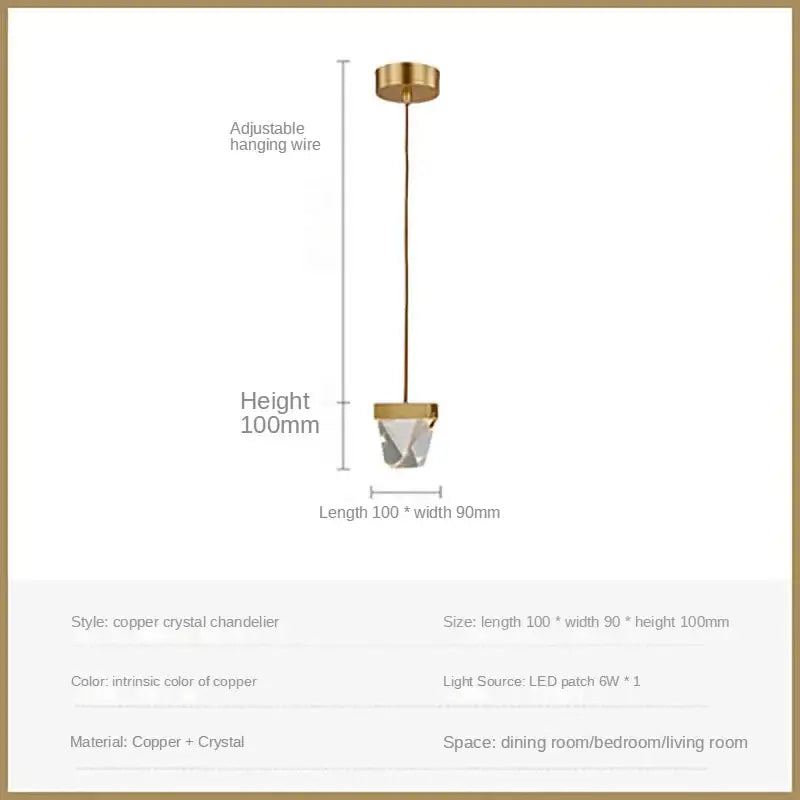 A modern copper crystal led pendant light with geometric design and adjustable gold-toned wire for dining room decorbites crystal led