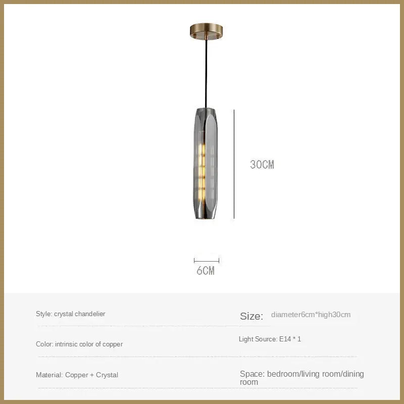 A sleek 30cm tall crystal led pendant light with copper finish by decorbites for modern dining room decor