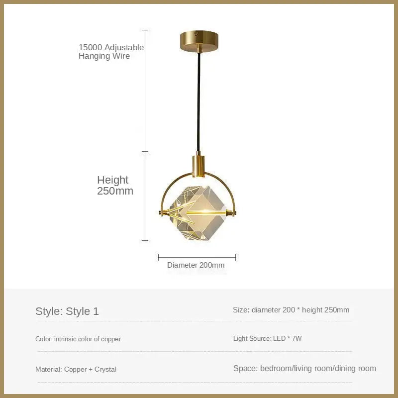 Modern geometric pendant lights with brass-finished copper frame and crystal led centerpiece for dining room decorbites crystal led