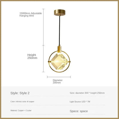 A modern copper-finished pendant light with geometric crystal led centerpiece and black adjustable cord for dining room decorbites crystal led