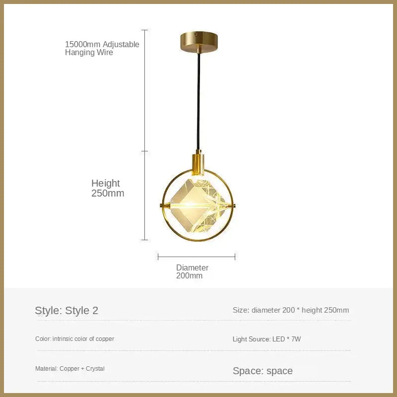 A modern copper-finished pendant light with geometric crystal led centerpiece and black adjustable cord for dining room decorbites crystal led