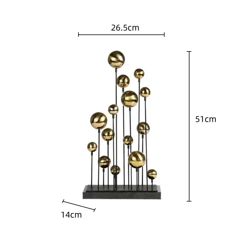 Modern geometric golden ball sculpture featuring polished gold spheres on black rods for living room decorbites decor