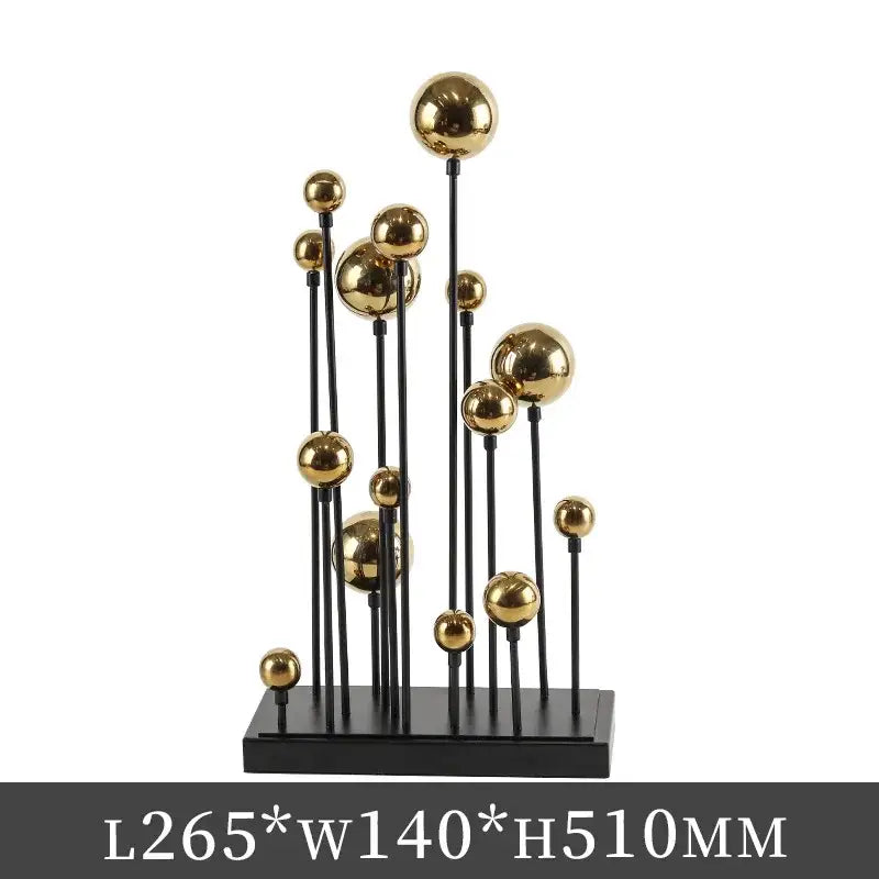 Modern geometric golden ball sculpture with multiple golden spheres on black rods for living room metal decor