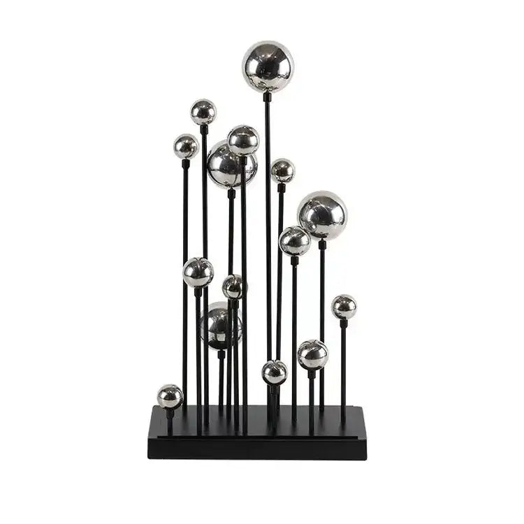 Modern geometric golden ball sculpture with metallic silver spheres on black rods for living room decorbites decor