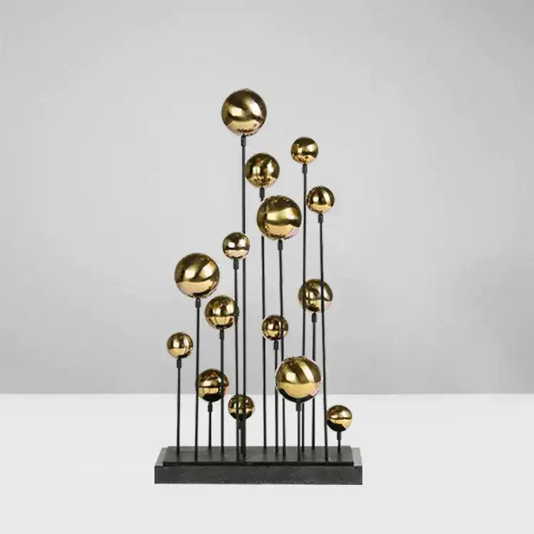 Modern geometric golden ball sculpture featuring metallic spheres on black rods for living room metal decorbites decor