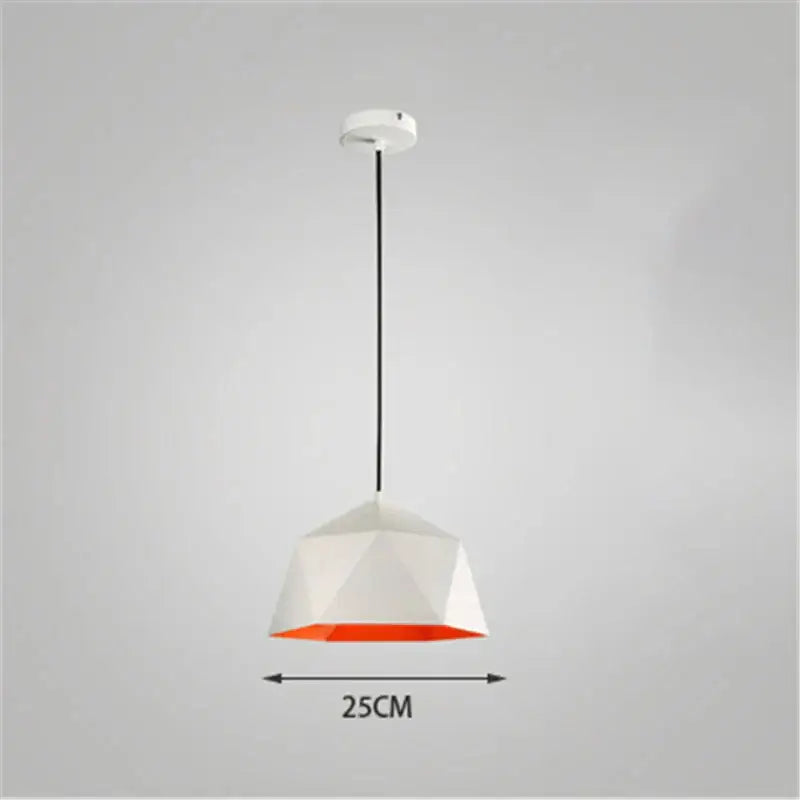 A modern geometric decorbites iron diamond pendant light with white faceted shade and orange interior for living room