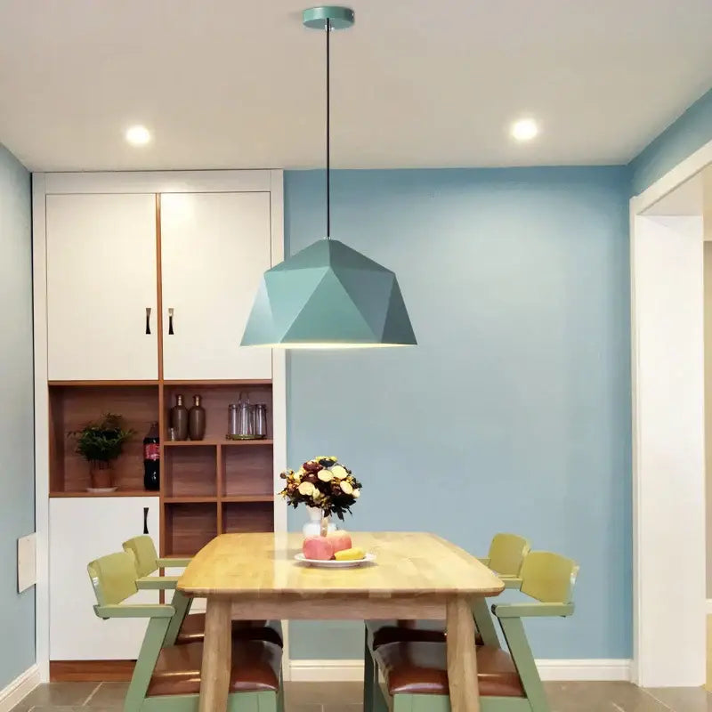 Modern geometric iron diamond pendant light with matte teal finish and black cord for living room decorbites iron diamond pendant