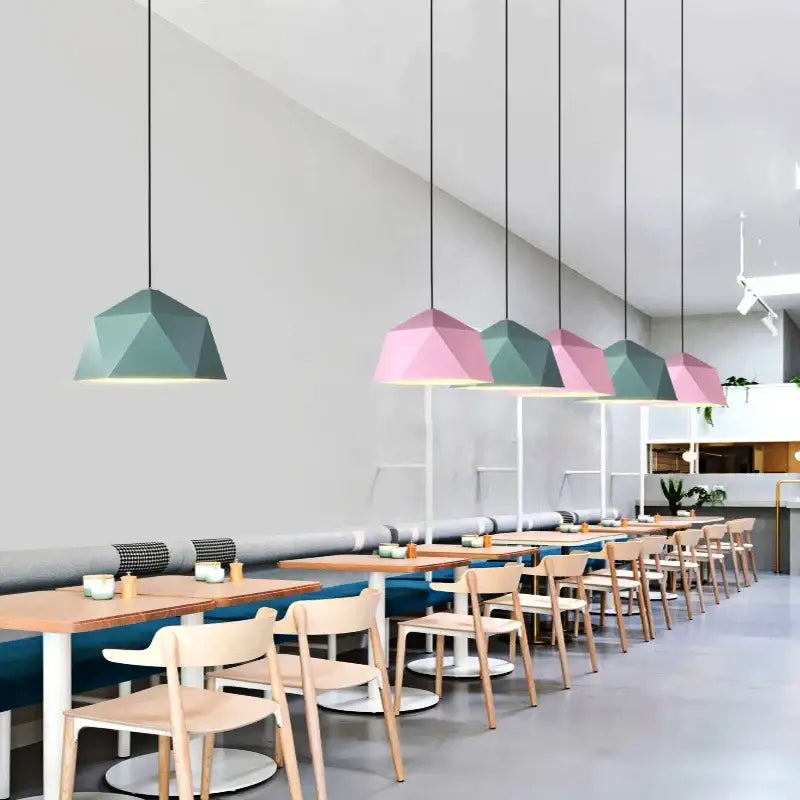 Modern geometric iron diamond pendant lights in pastel pink and teal feature a faceted design for living room decorbites