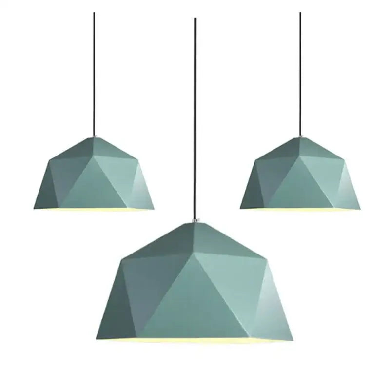 Set of three modern geometric decorbites iron diamond pendant lights with matte teal faceted shades and black cords
