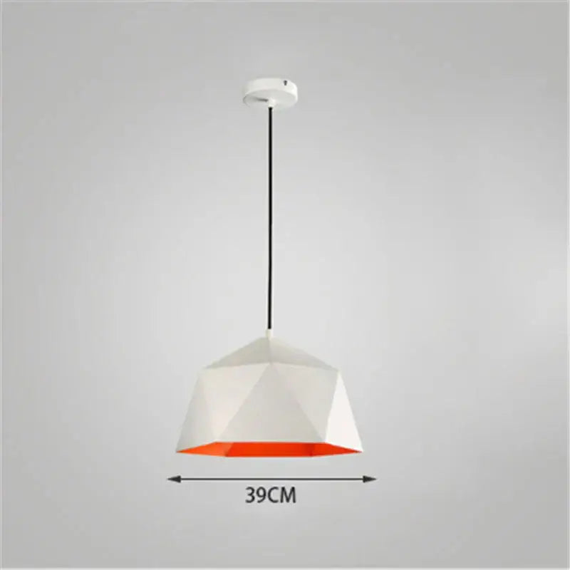 Modern geometric iron diamond pendant light with white exterior, vibrant orange interior, and black cord for living room decorbites pendant lights