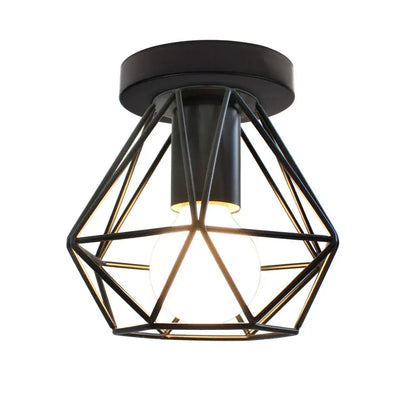 Black modern geometric iron frame cage ceiling light with warm glowing bulb for aisle and loft decorbites iron frame