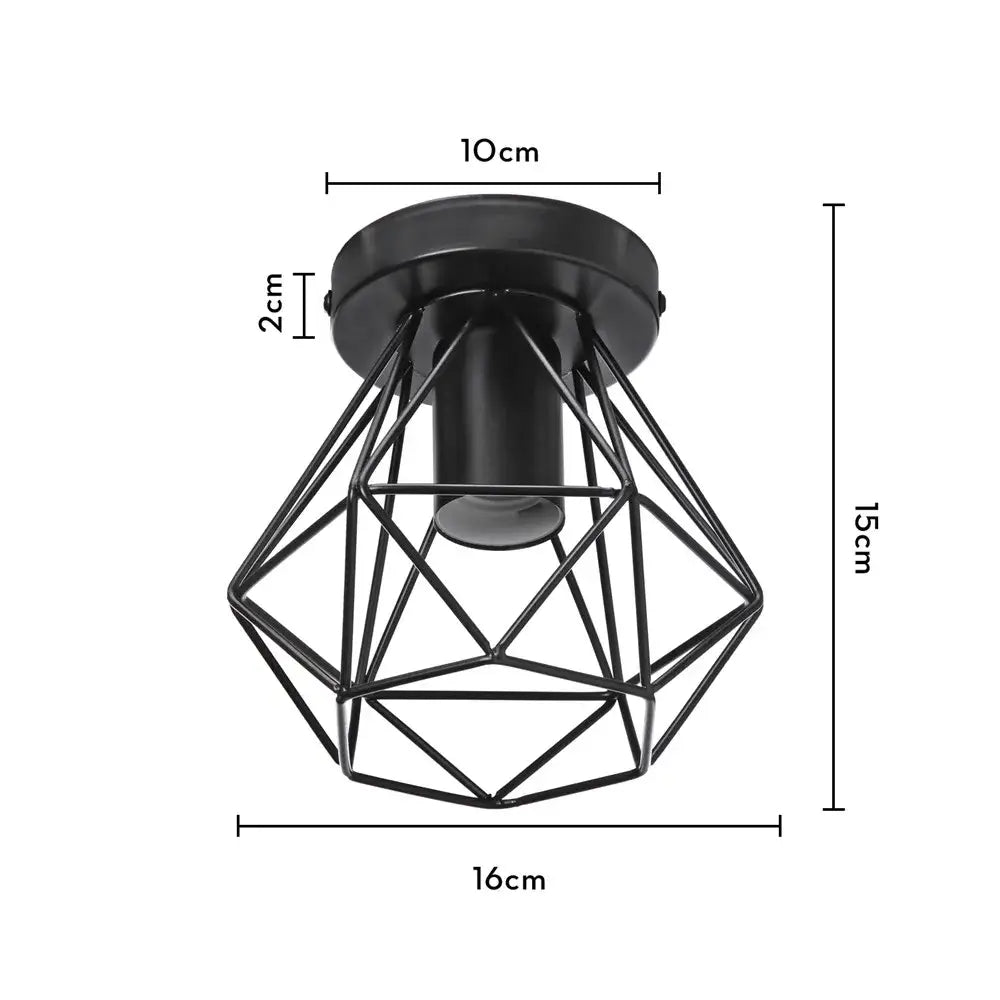 Black metal ceiling light with diamond-shaped decorbites iron frame cage and 10cm diameter base for aisle and loft